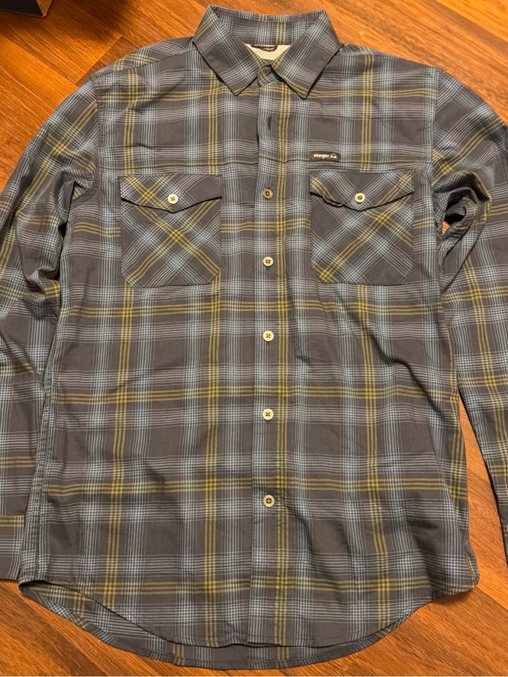 Wrangler Gray Plaid Button-Up Shirt with Yellow Accents
